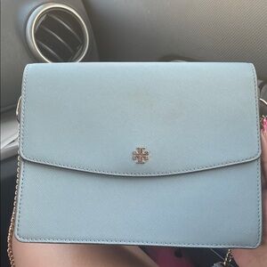 Tory Burch Light Blue Saffiano Crossbody with Gold Logo